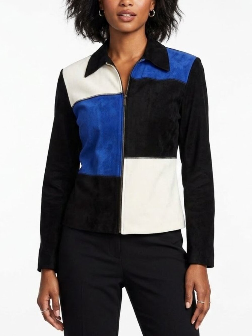 Vtg Briggs Colorblock Faux Suede Jacket 6P 90s Whimsygoth Geo Zip Shacket Blue